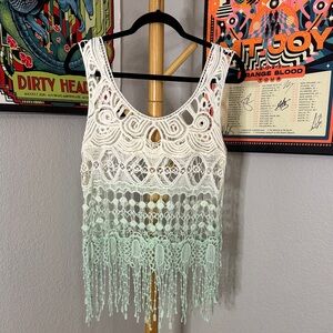 Crochet Lace Fringe Tank Top - White and Green